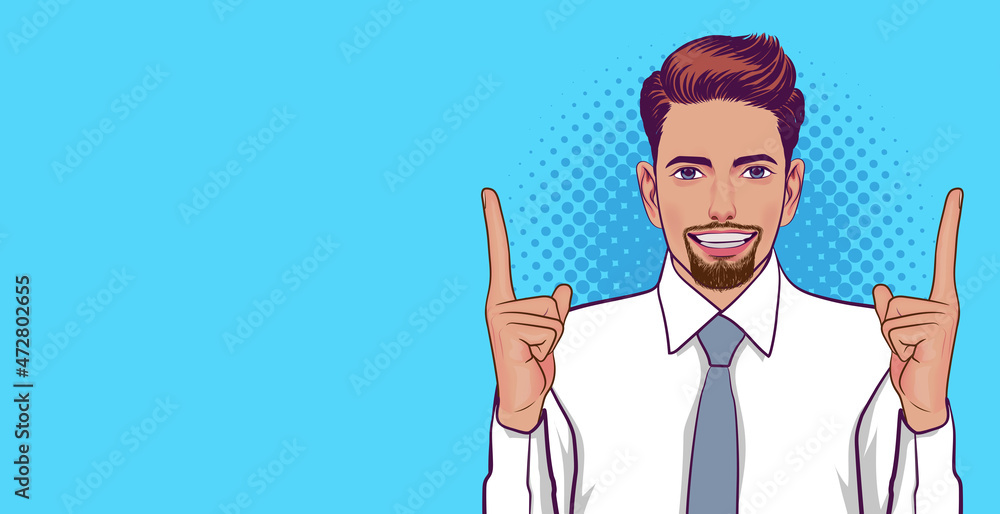 surprised young business man hands pointing up