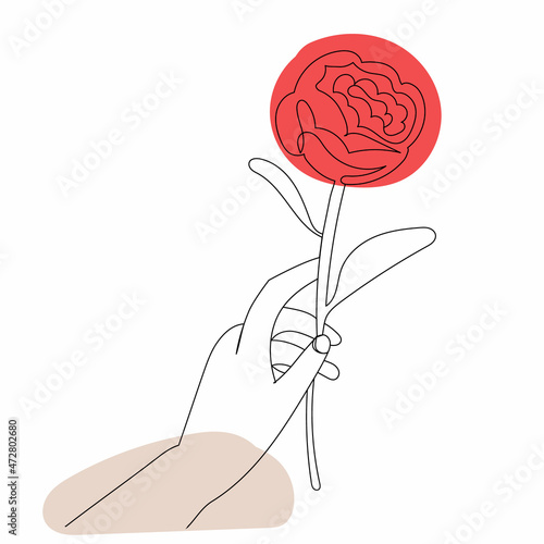 hand with flower sketch line drawing, vector