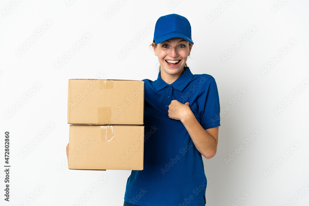 Young delivery woman isolated on white background with surprise facial expression Young delivery woman isolated on white background with surprise facial expression