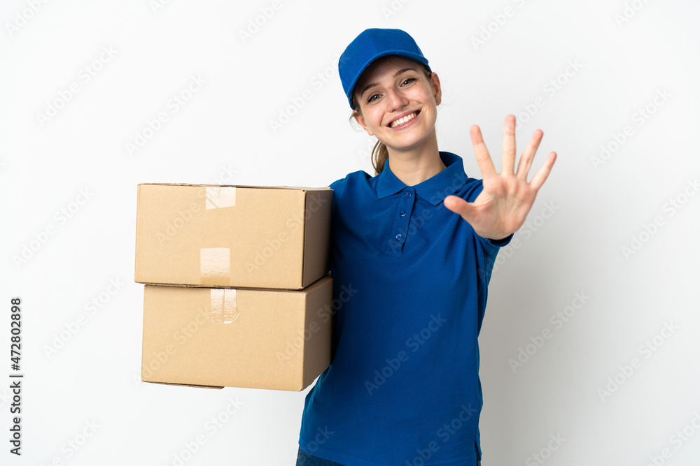 Young delivery woman isolated on white background counting five with fingers Young delivery woman isolated on white background counting five with fingers