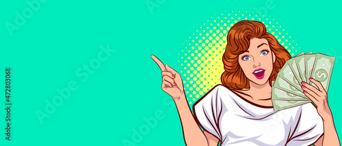 smile Woman Pointing Finger and hold money Retro style