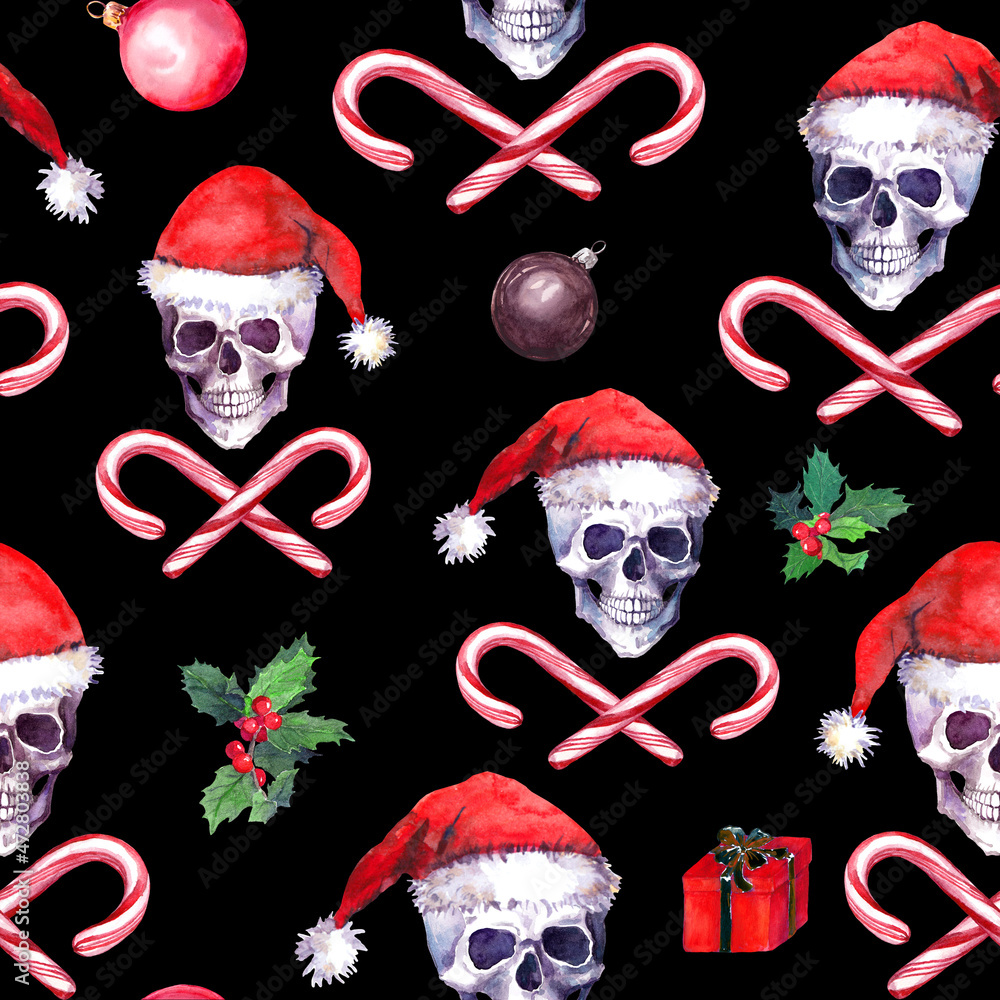 Creepy Christmas skull seamless pattern Bad Santa Claus skulls candy  canes mistletoe Dead heads in red holiday hats Goth watercolor in grunge  xmas decor Creeping repeated backdrop StockIllustration  Adobe Stock