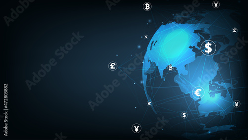 Money Transaction Technology Concept.Global network connection.Money transfer. Foreign exchange.Payment mechanism.Global Currency. Vector Illustration.