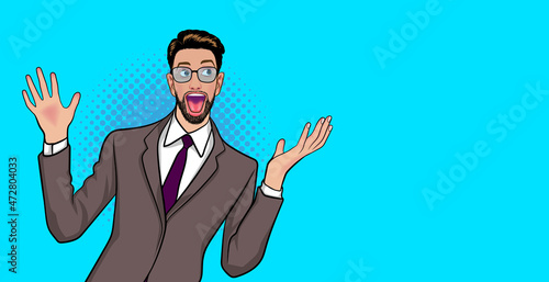 smile bearded businessman raise hand look at empty space