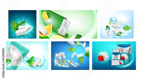 Chewing Gum Creative Promotion Posters Set Vector. Gum With Mint And Strawberry, Spearmint And Lemon Taste Blank Containers And Packages On Advertising Banners. Style Concept Template Illustrations