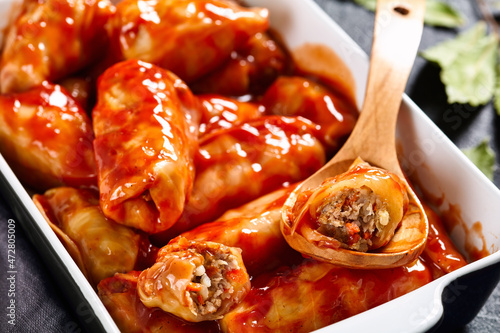 cabbage rolls filling with minced meat and rice photo