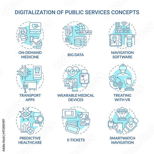 Digitalization of public services blue concept icons set. Digital modernization providing for different life spheres idea thin line color illustrations. Vector isolated outline drawings