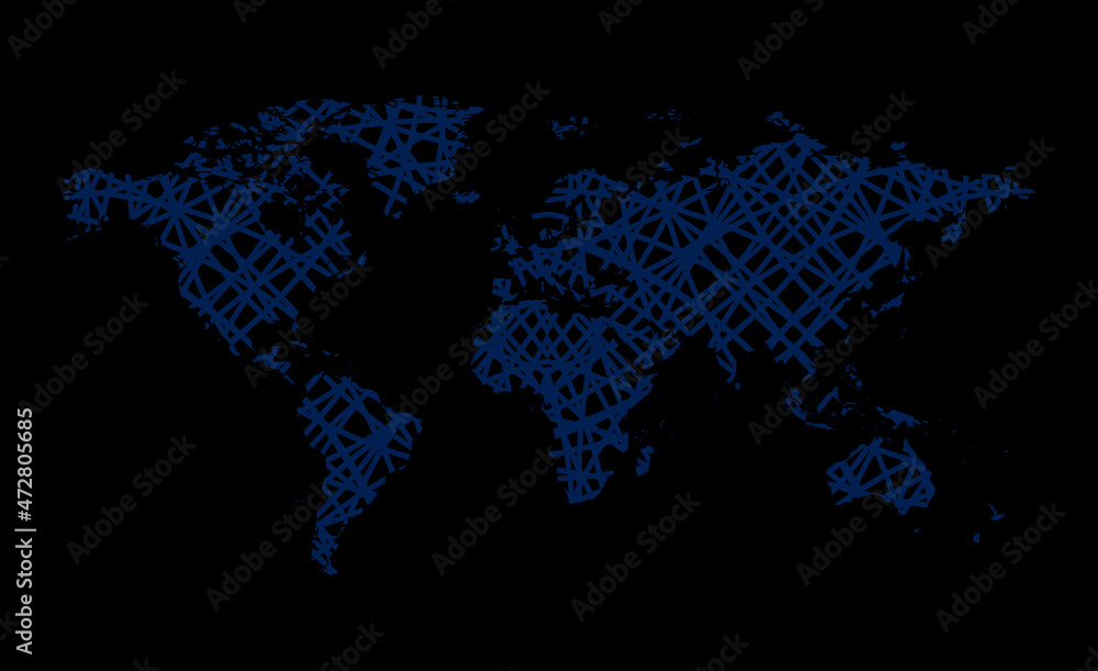 black background with silhouette of abstract dark blue world map - vector