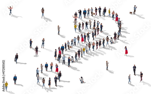 Aerial view of crowd of people standing in shape of question mark. Top view of men and women isolated on white background