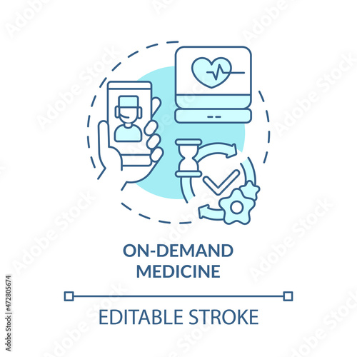 On-demand medicine blue concept icon. Pharmacy orders delivery. Digitization of healthcare service abstract idea thin line illustration. Vector isolated outline color drawing. Editable stroke