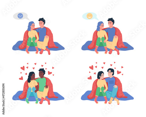 Couple under blanket semi flat color vector character set. Sitting figures. Full body people on white. Partners isolated modern cartoon style illustration for graphic design and animation pack