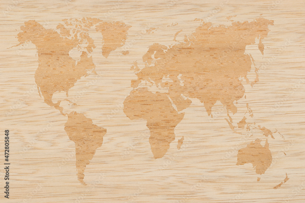 Bright World Map on two types wooden texture background.