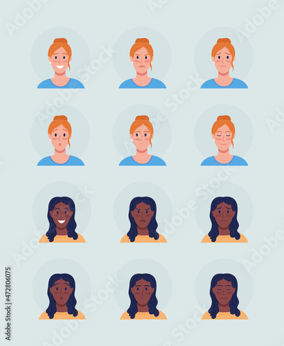 Different female face expressions semi flat color vector character avatar set. Portrait from front view. Isolated modern cartoon style illustration for graphic design and animation pack