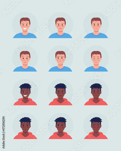 Diverse male facial expressions semi flat color vector character avatar set. Portrait from front view. Isolated modern cartoon style illustration for graphic design and animation pack