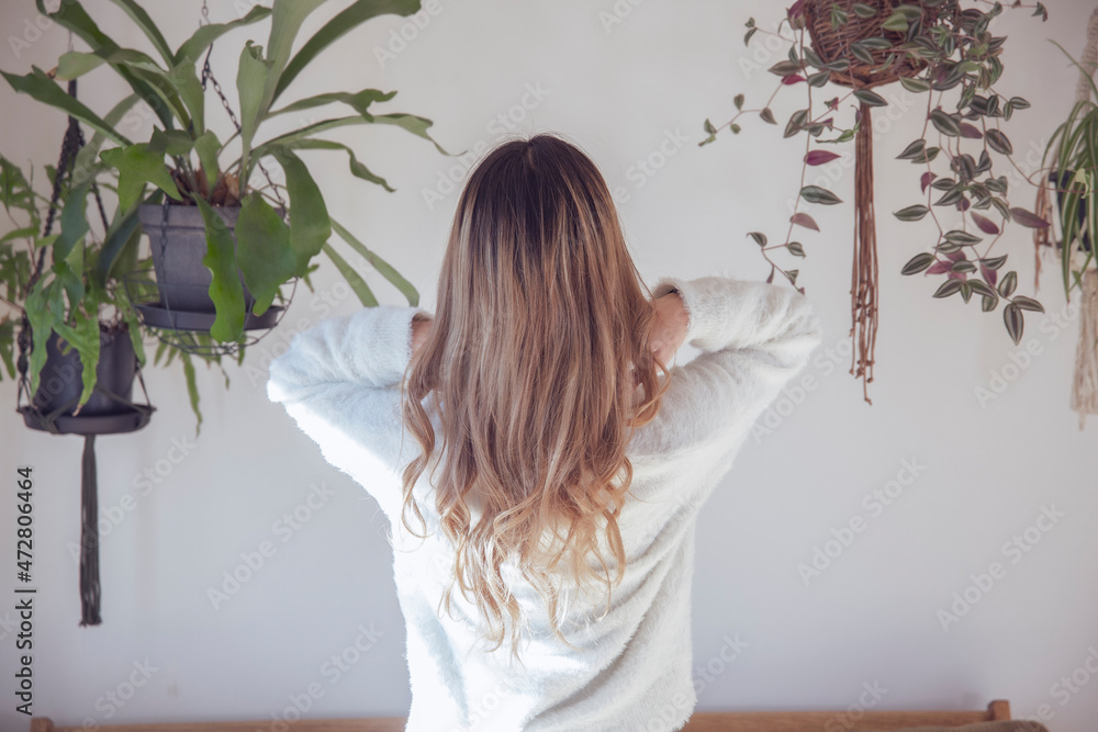 ハンギング観葉植物に囲まれた室内で 綺麗な巻き髪の女性の後ろ姿 Stock 写真 Adobe Stock