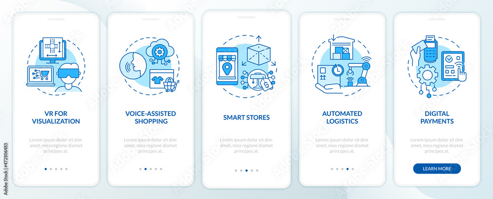 Digitalization of retail market onboarding mobile app page screen. Shopping walkthrough 5 steps graphic instructions with concepts. UI, UX, GUI vector template with linear color illustrations