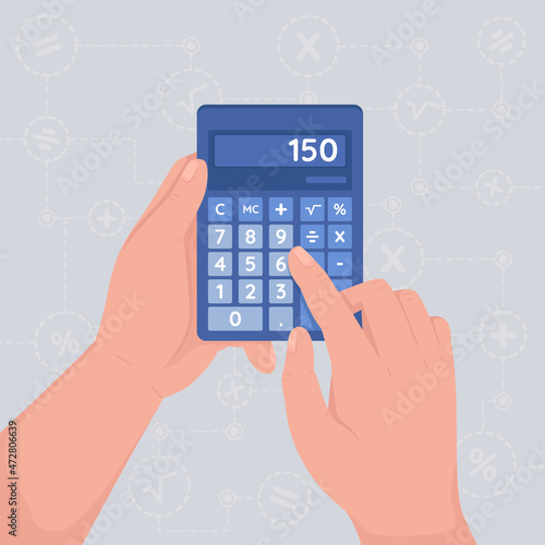 Using calculator flat color vector illustration. Pressing buttons to add numbers. Methematical count. Accounting with calculator 2D cartoon first view hand with abstract background