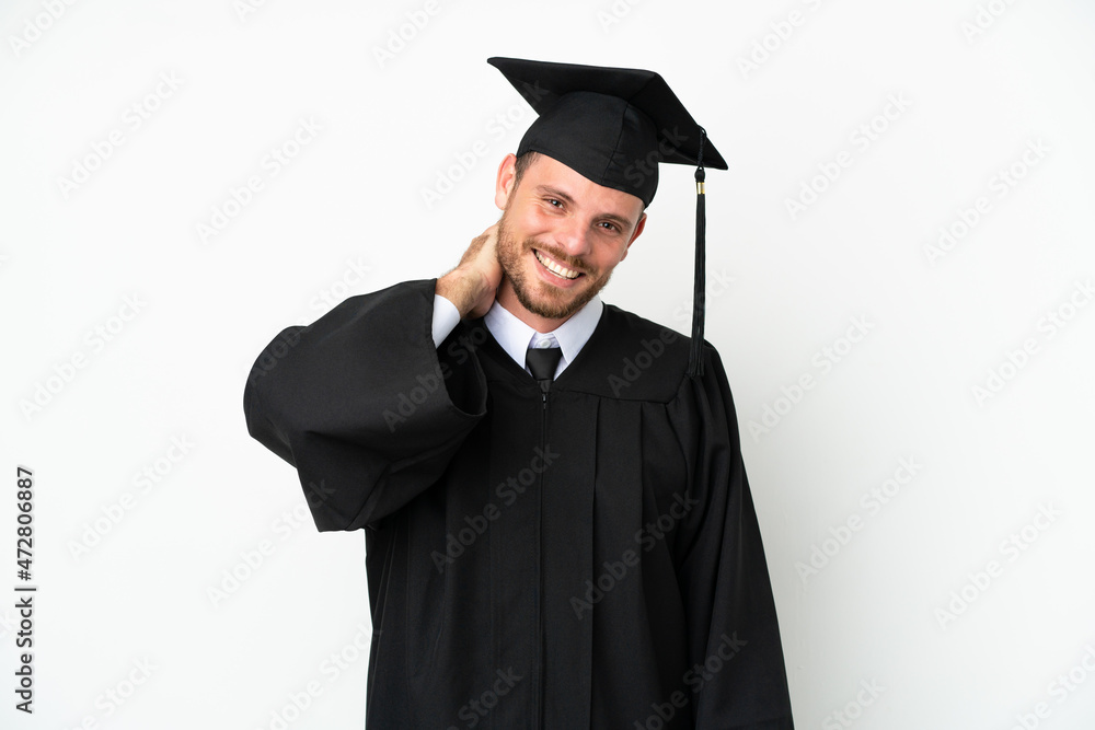 Young university Brazilian graduate isolated on white background laughing Young university Brazilian graduate isolated on white background laughing