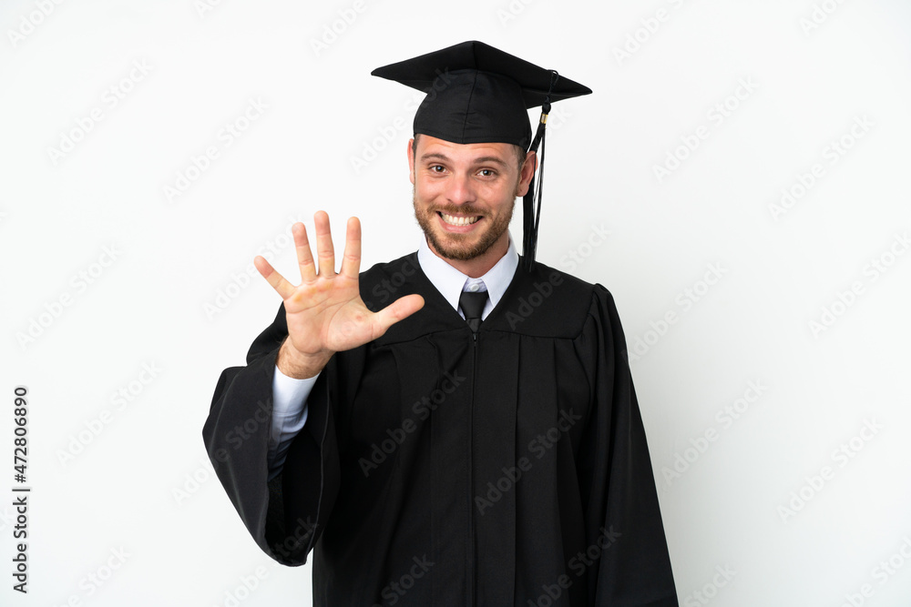 Young university Brazilian graduate isolated on white background counting five with fingers Young university Brazilian graduate isolated on white background counting five with fingers