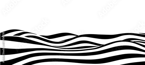 Black and white abstract wave with distortion effect. Optical illusion. Twisted vector illustration.