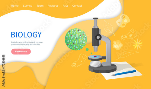 Biology discipline education in school, subject vector. University lessons and classes, studies with microscope and microorganisms research in details