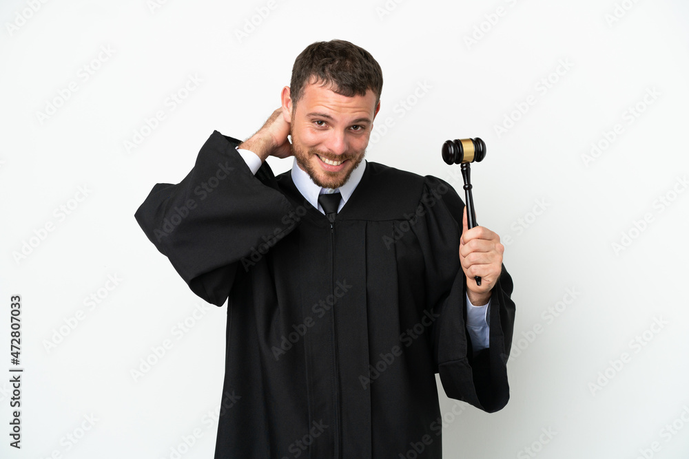 Judge caucasian man isolated on white background laughing Judge caucasian man isolated on white background laughing