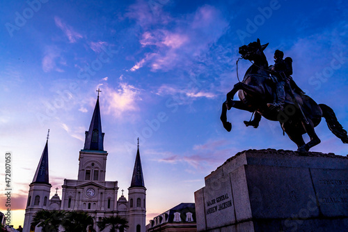 Sunset Andrew Jackson statue, Saint Louis Cathedral, New Orleans, Louisiana. Statue erected 1856 from same statue across from White House