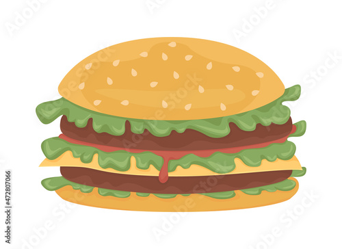 Burger semi flat color vector object. Full realistic item on white. Junk food. Unhealthy fast food sandwich isolated modern cartoon style illustration for graphic design and animation