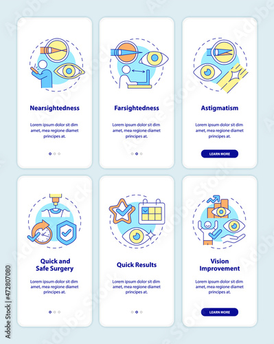 Problems to treat with the laser onboarding mobile app page screen set. Surgery walkthrough 6 steps graphic instructions with concepts. UI, UX, GUI vector template with linear color illustrations