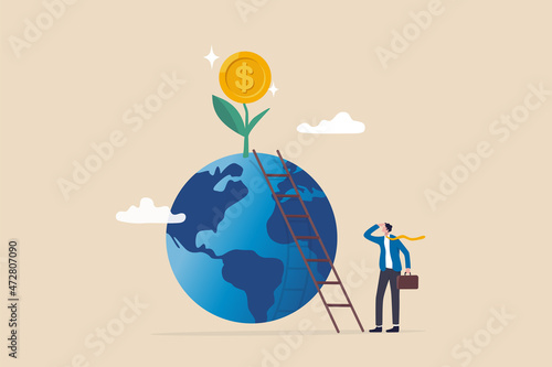 Global investment opportunity, world stock mutual funds, international or worldwide company profit growth concept, businessman about to climb up ladder on globe to reach money plant.