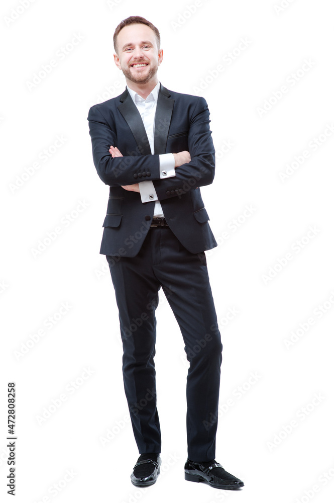 Confidence and charisma. Full length of young businessman in suit keeping arms crossed and looking at camera isolated on white background Confidence and charisma. Full length of young businessman in suit keeping arms crossed and looking at camera isolated on white background