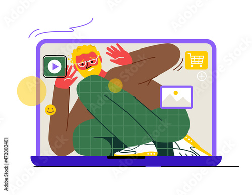 Gadget addiction concept. Unhappy man trapped in cage inside laptop