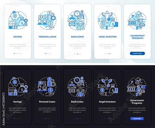 Business financial tips onboarding mobile app page screen. Startup walkthrough 5 steps graphic instructions with concepts. UI, UX, GUI vector template with linear night and day mode illustrations