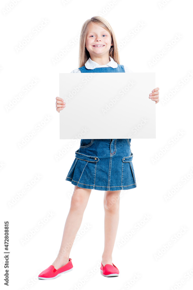 Your text here. Full length of cute little girl holding blank with copy space. Isolated on white. Your text here. Full length of cute little girl holding blank with copy space. Isolated on white.