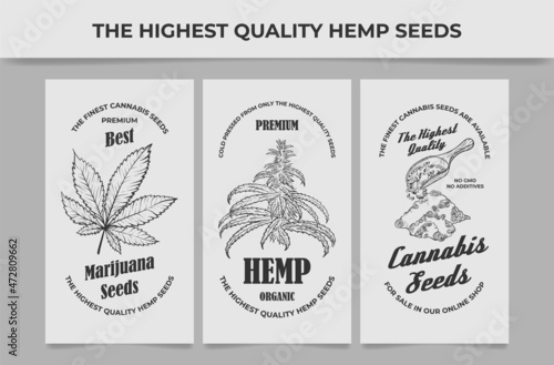 Collection monochrome engraved hemp seed oil labels vector illustration. Set organic premium quality