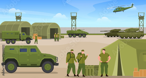 Military base war transportation and soldiers vector flat illustration warriors in green uniform