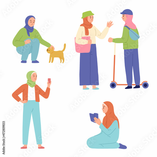 .various activities of Muslim women wearing the hijab in their daily activities