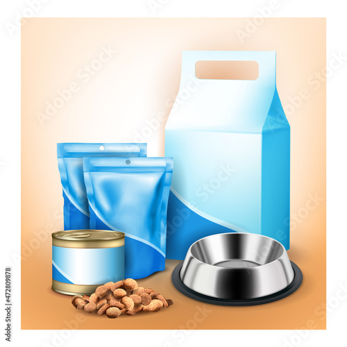 Pet Food Complete Creative Promotion Poster Vector. Pet Food Heap And Blank Metallic Container, Bag And Paper Packaging On Advertising Banner. Dish For Feeding Animal Style Concept Mockup Illustration