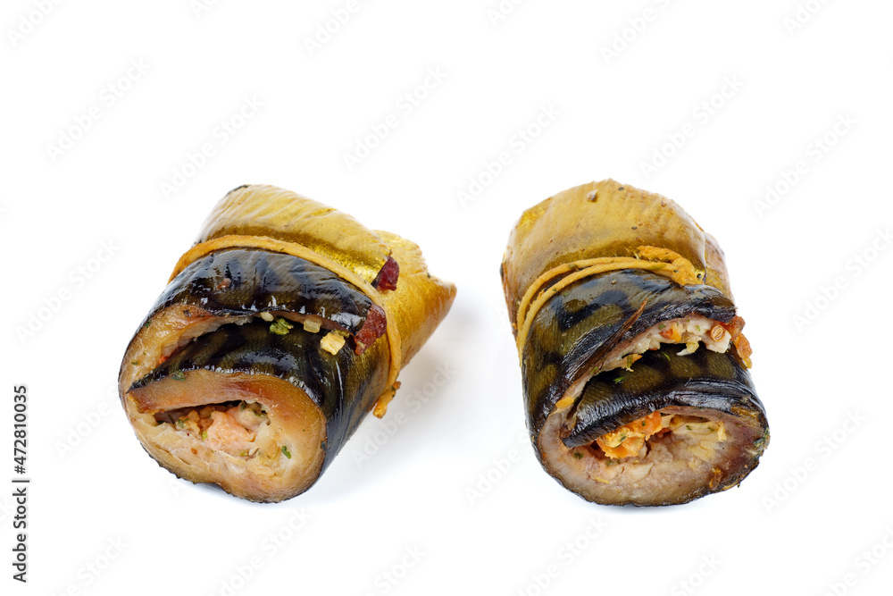 Smocked Mackerel rolled fish Isolated on white background Smocked Mackerel rolled fish Isolated on white background