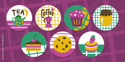 Cute collection of highlight story covers for social media. Set of round tea, coffee and dessert icons or stickers. Vector flat hand drawn illustrations in cartoon style for blog, website or other