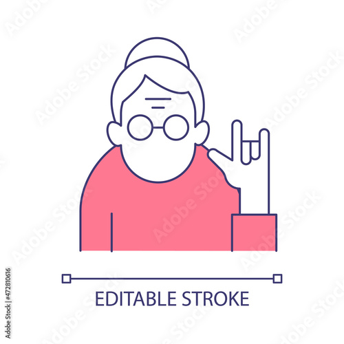 Old woman show love you gesture RGB color icon. Role conflict in society. Unexpected hand sign from grandmother, senior person. Isolated vector illustration. Simple filled line drawing