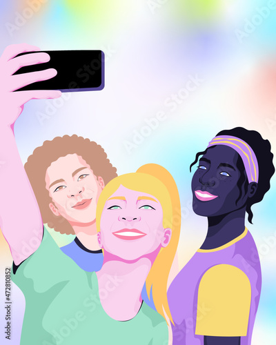 Diverse friends taking group selfie together 