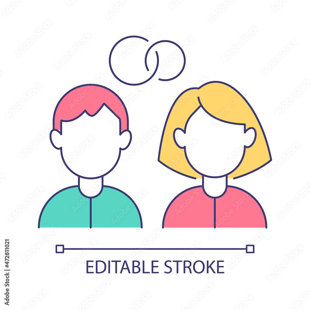 Married couple together RGB color icon. Man woman model role in family. Participation in relationship, spouse social position. Isolated vector illustration. Simple filled line drawing Married couple together RGB color icon. Man woman model role in family. Participation in relationship, spouse social position. Isolated vector illustration. Simple filled line drawing