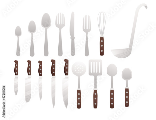 Cutlery set with kitchen knives spoons forks vector illustration on white background