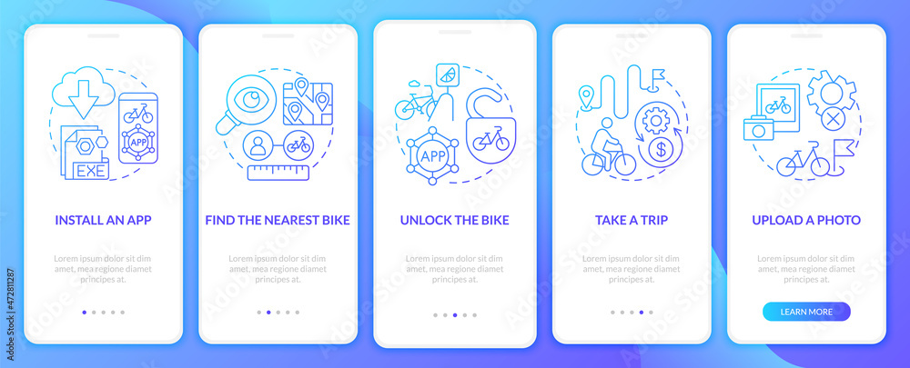 Bike-share guide onboarding mobile app page screen. Unlocking bicycle walkthrough 5 steps graphic instructions with concepts. UI, UX, GUI vector template with linear color illustrations Bike-share guide onboarding mobile app page screen. Unlocking bicycle walkthrough 5 steps graphic instructions with concepts. UI, UX, GUI vector template with linear color illustrations