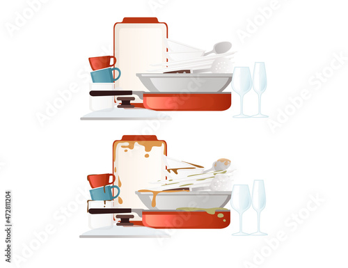 Dirty and clean dishes before and after vector illustration on white background