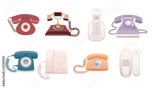Set of retro and modern home landline telephones vector illustration