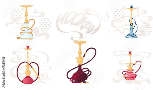 Glass and metal red color hookah with aroma smoke vector illustration on white background