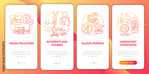 Electric scooters problems onboarding mobile app page screen. Accidents and injuries walkthrough 4 steps graphic instructions with concepts. UI, UX, GUI vector template with linear color illustrations