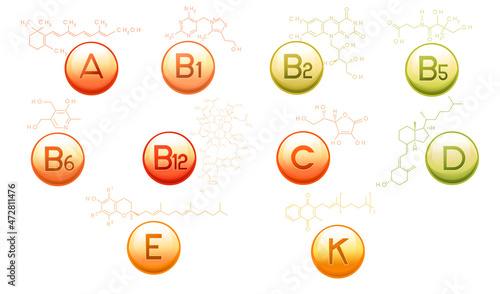 Set of vitamins capsule with molecular formula and structure vector illustration on white background